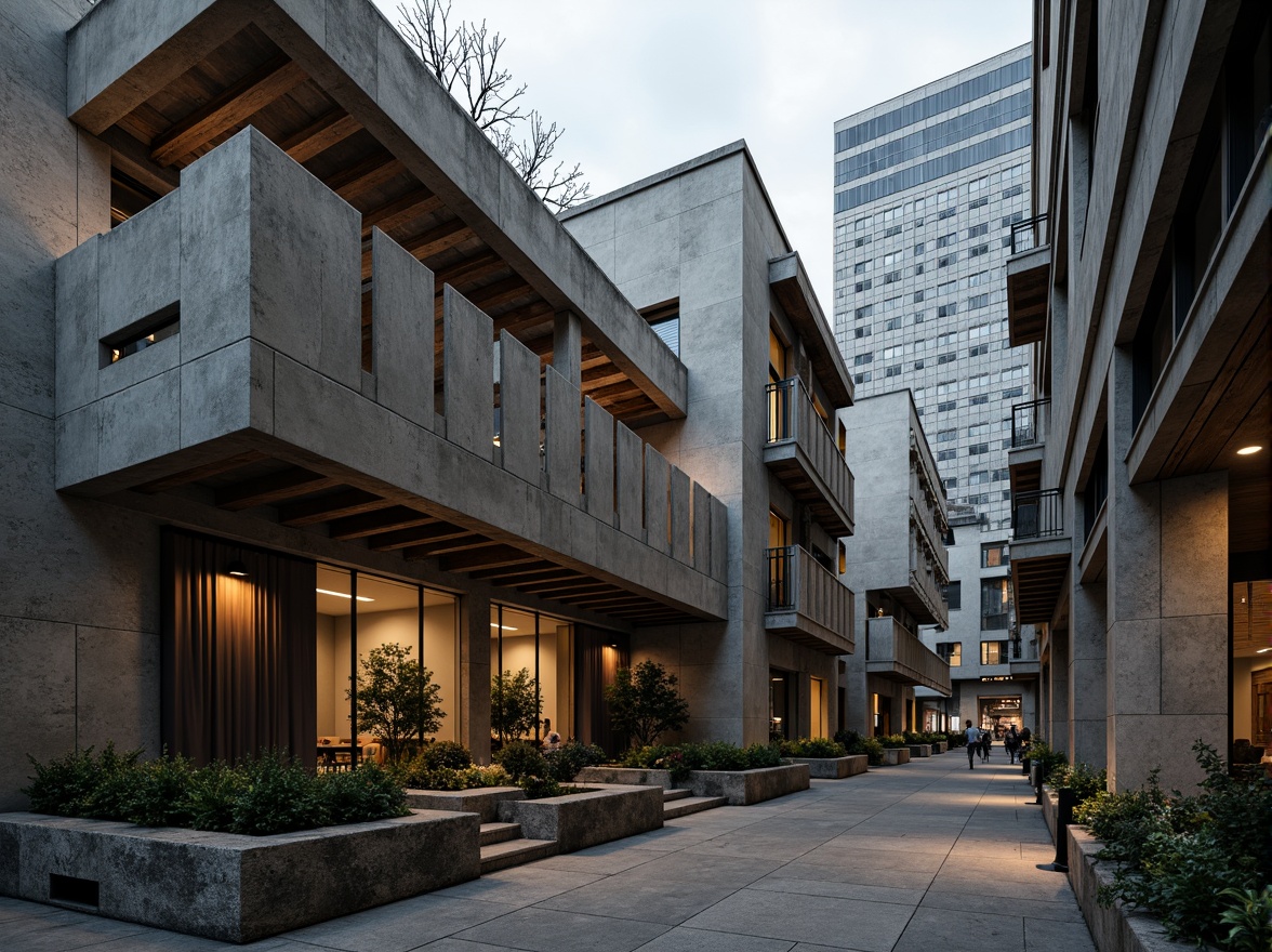 Prompt: Rough concrete walls, exposed ductwork, industrial metal beams, raw brick facades, distressed wood accents, brutalist fortress-like structures, rugged stone foundations, cold steel railings, minimalist ornamentation, functional simplicity, urban cityscape, overcast skies, dramatic shadows, high-contrast lighting, 1/1 composition, symmetrical framing, realistic material textures, ambient occlusion.