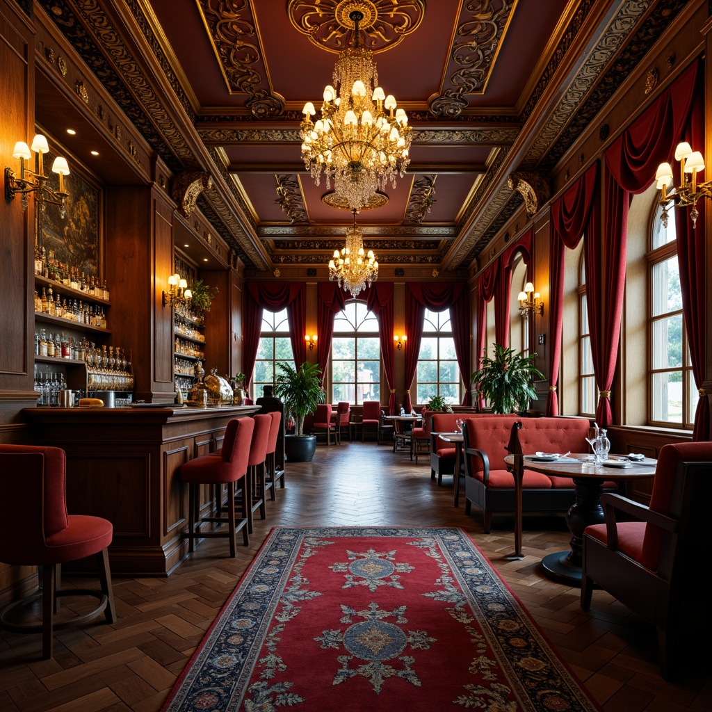 Prompt: Intricate pub interior, ornate Baroque details, gilded moldings, carved wooden panels, luxurious velvet drapes, crystal chandeliers, ornamental mirrors, richly patterned rugs, lavish furnishings, golden accents, warm candlelight, soft focus, shallow depth of field, 1/2 composition, atmospheric perspective, realistic textures, ambient occlusion.