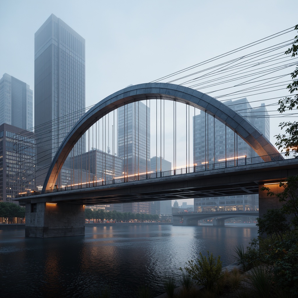 Prompt: Futuristic bridge, sleek metallic arches, suspension cables, LED lighting systems, urban cityscape, misty morning atmosphere, soft warm glow, shallow depth of field, 3/4 composition, panoramic view, realistic reflections, ambient occlusion, fusion architecture, curved lines, geometric shapes, modern materials, high-strength concrete, steel reinforcements, innovative structural systems, cantilevered sections, asymmetrical design, dynamic visual effects, vibrant colorful accents, intricate patterns, futuristic urban planning.