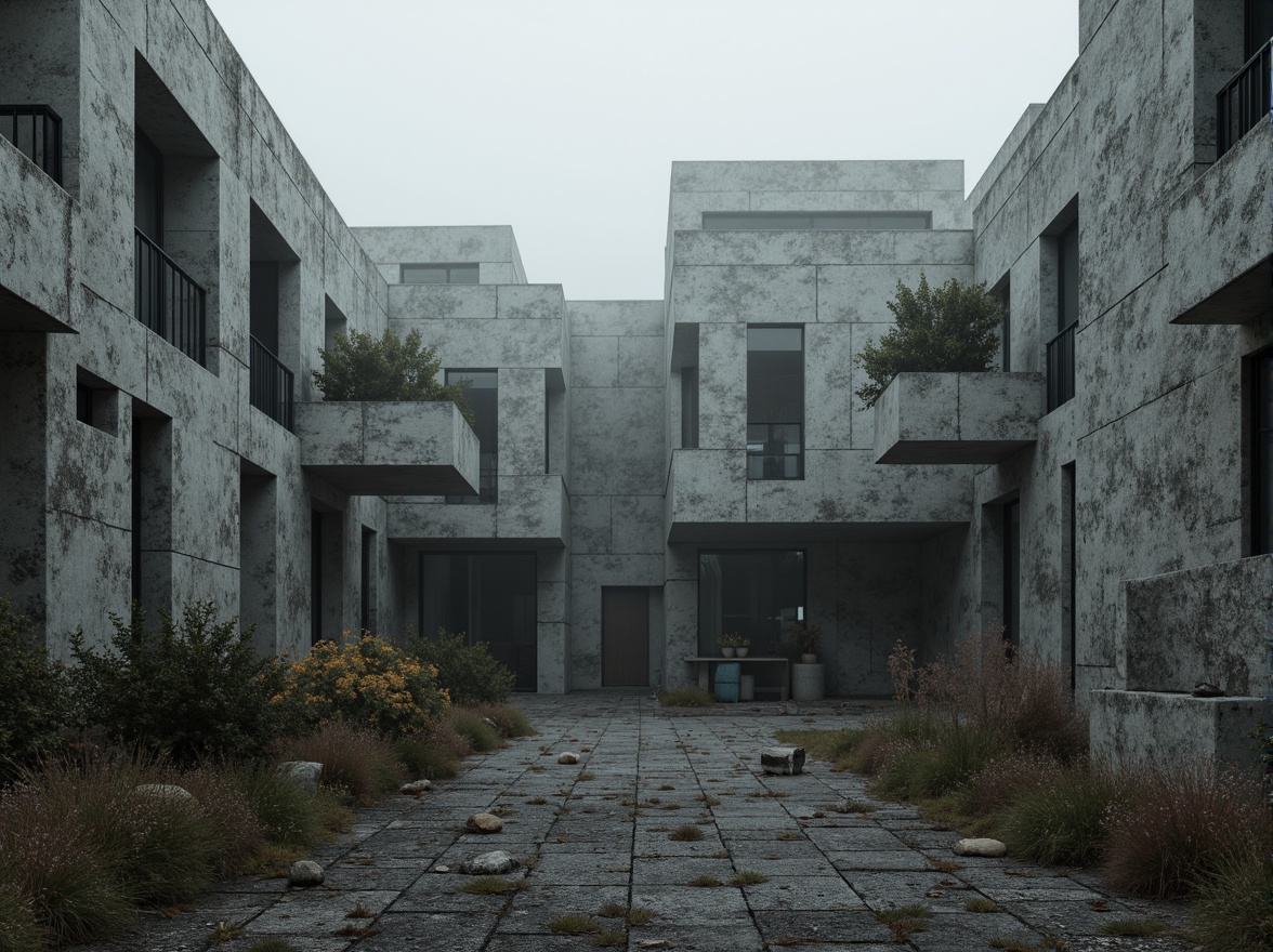 Prompt: Rough-hewn concrete walls, rugged stone textures, brutalist architecture, fortress-like structures, imposing fa\u00e7ades, geometric shapes, raw industrial materials, distressed finishes, urban landscapes, overcast skies, dramatic shadows, high-contrast lighting, cinematic composition, gritty realistic renderings, atmospheric misting effects.