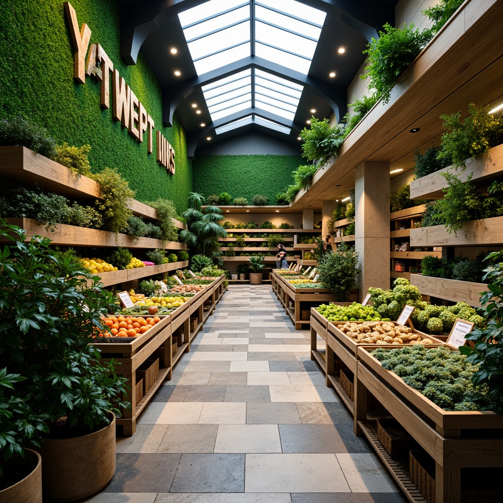 Prompt: Vibrant green walls, living plants, natural stone flooring, reclaimed wood accents, earthy color palette, organic produce displays, botanical-inspired signage, rustic wooden crates, woven basket shelves, abundant natural light, clerestory windows, skylights, warm ambient lighting, 3/4 composition, shallow depth of field, realistic textures, ambient occlusion.