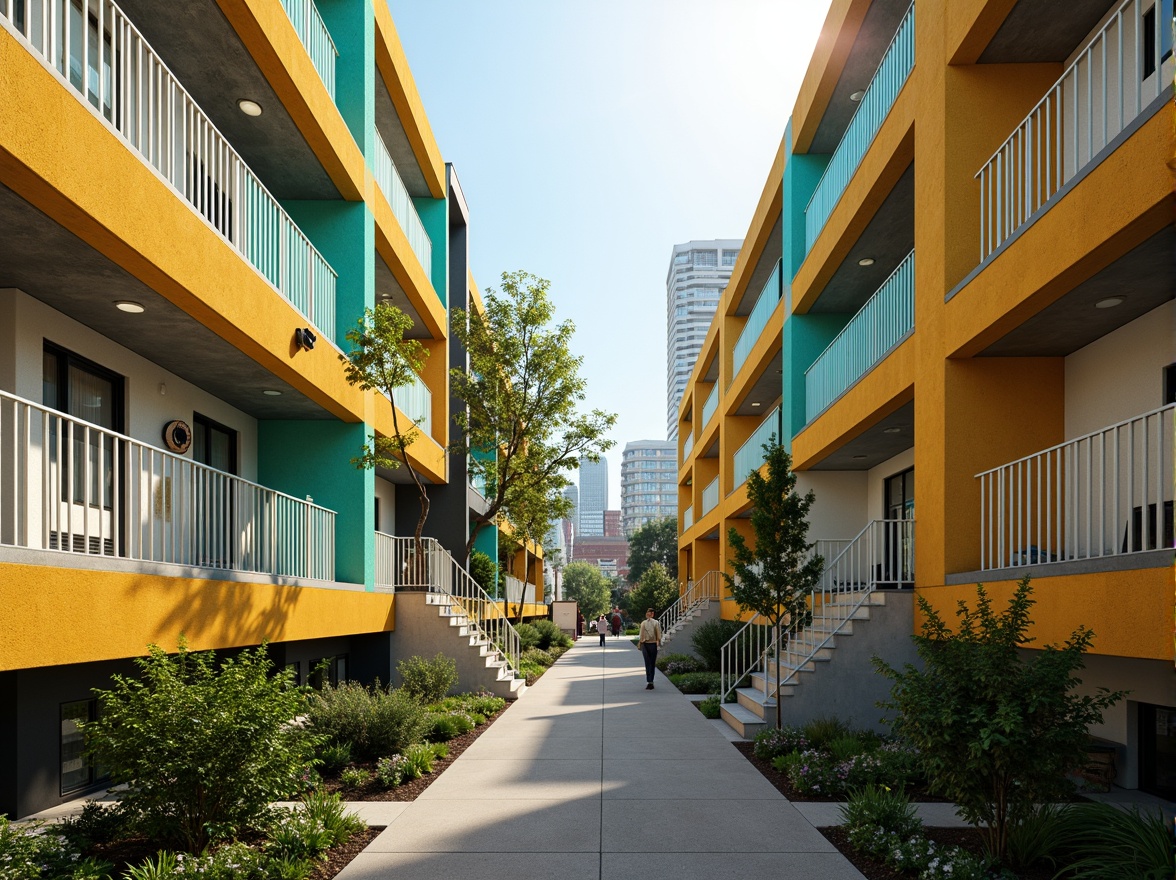 Prompt: Vibrant social housing complex, warm earthy tones, rich turquoise accents, bold yellow highlights, soft creamy whites, industrial metal frames, exposed concrete walls, modern minimalist architecture, urban cityscape backdrop, bustling community atmosphere, natural light pouring in, shallow depth of field, 1/1 composition, cinematic color grading, realistic textures, ambient occlusion.