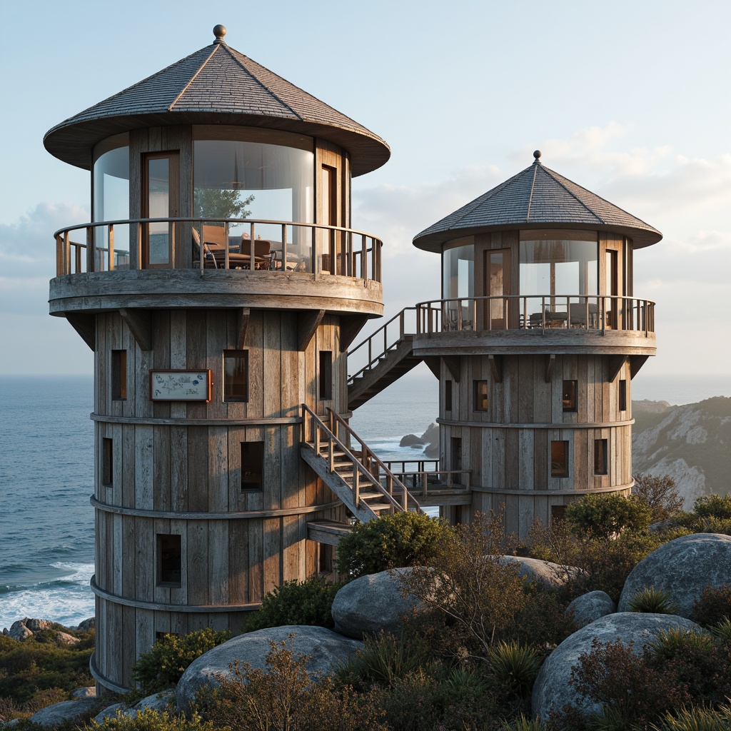 Prompt: Weathered wooden towers, rustic coastal look, driftwood accents, nautical rope details, ocean-inspired color palette, sea-salt weathering effects, durable metal railings, glass-enclosed observation decks, panoramic ocean views, misty morning atmosphere, soft warm lighting, shallow depth of field, 3/4 composition, realistic textures, ambient occlusion.