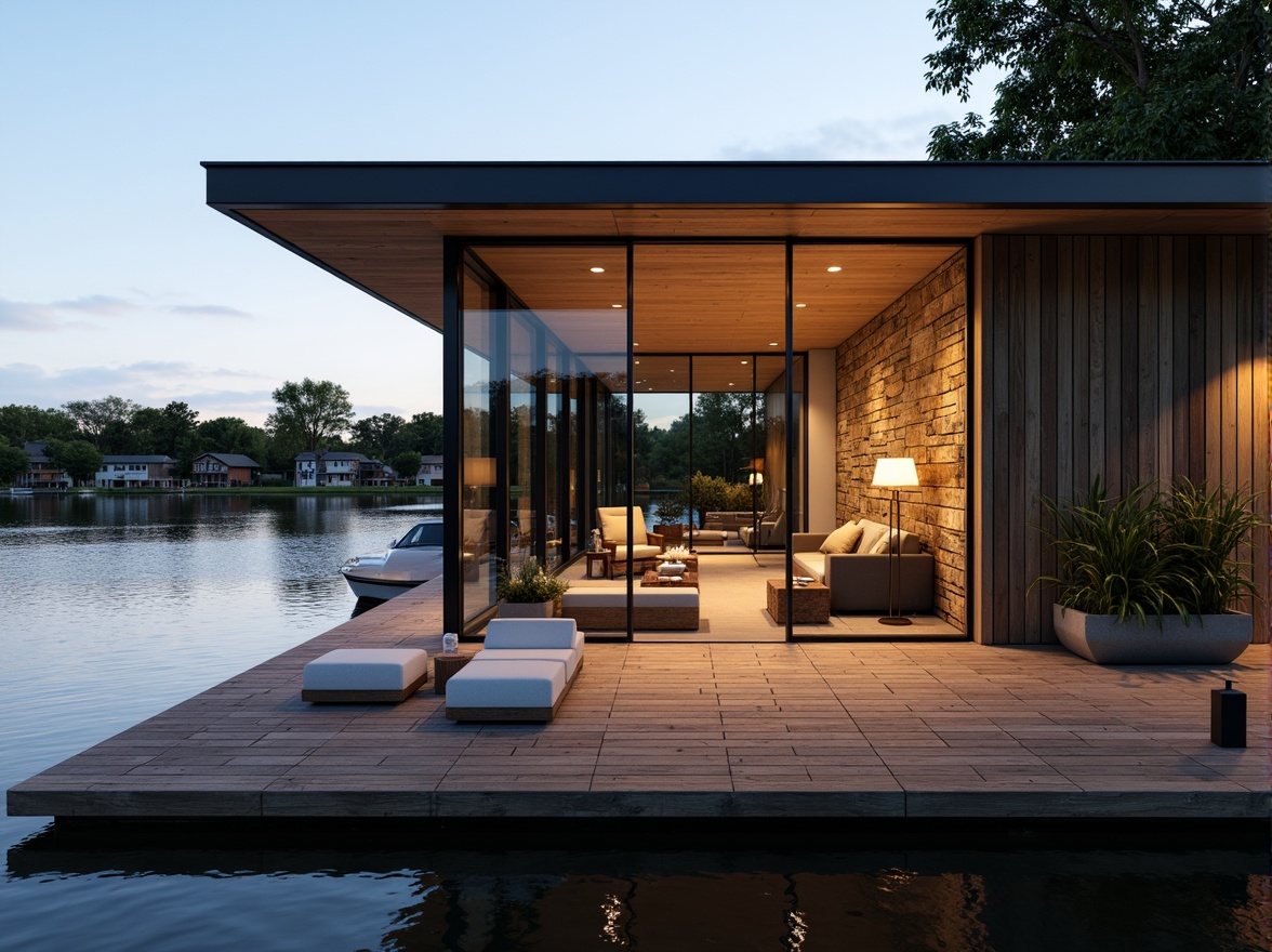 Prompt: Waterfront boathouse, rustic wooden dock, serene lake views, modern fenestration design, floor-to-ceiling windows, sliding glass doors, minimalist metal frames, reflective water-inspired fa\u00e7ade, natural stone walls, reclaimed wood accents, nautical-themed decor, cozy interior spaces, warm ambient lighting, shallow depth of field, 1/1 composition, realistic textures, soft focus effect.