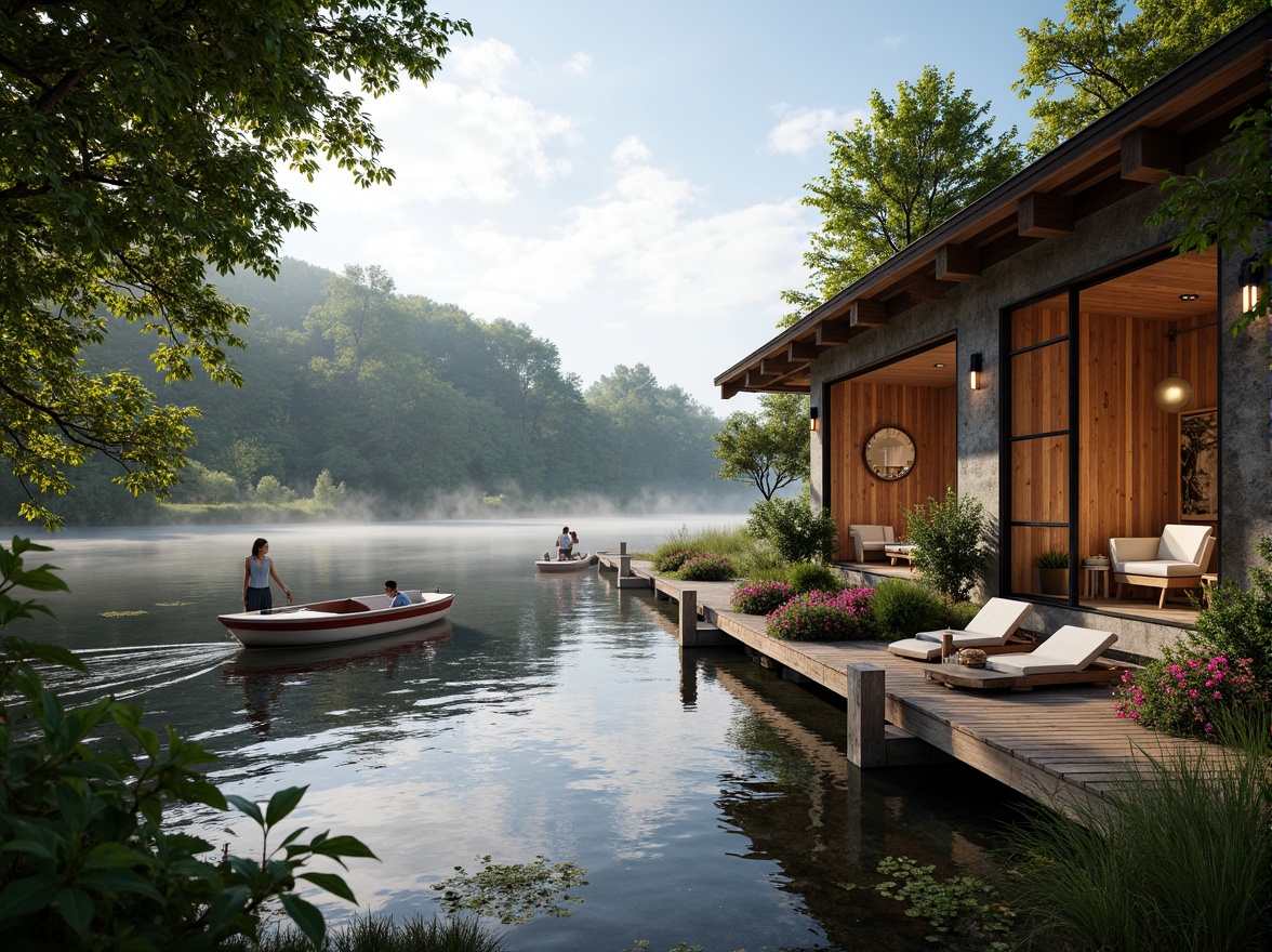 Prompt: Waterfront boathouse, rustic wooden docks, serene lake views, lush greenery, vibrant flowers, natural stone walls, wooden accents, nautical decorations, cozy interior spaces, warm lighting, shallow depth of field, 3/4 composition, panoramic view, realistic textures, ambient occlusion, tranquil atmosphere, soft misty morning, gentle lapping water sounds.