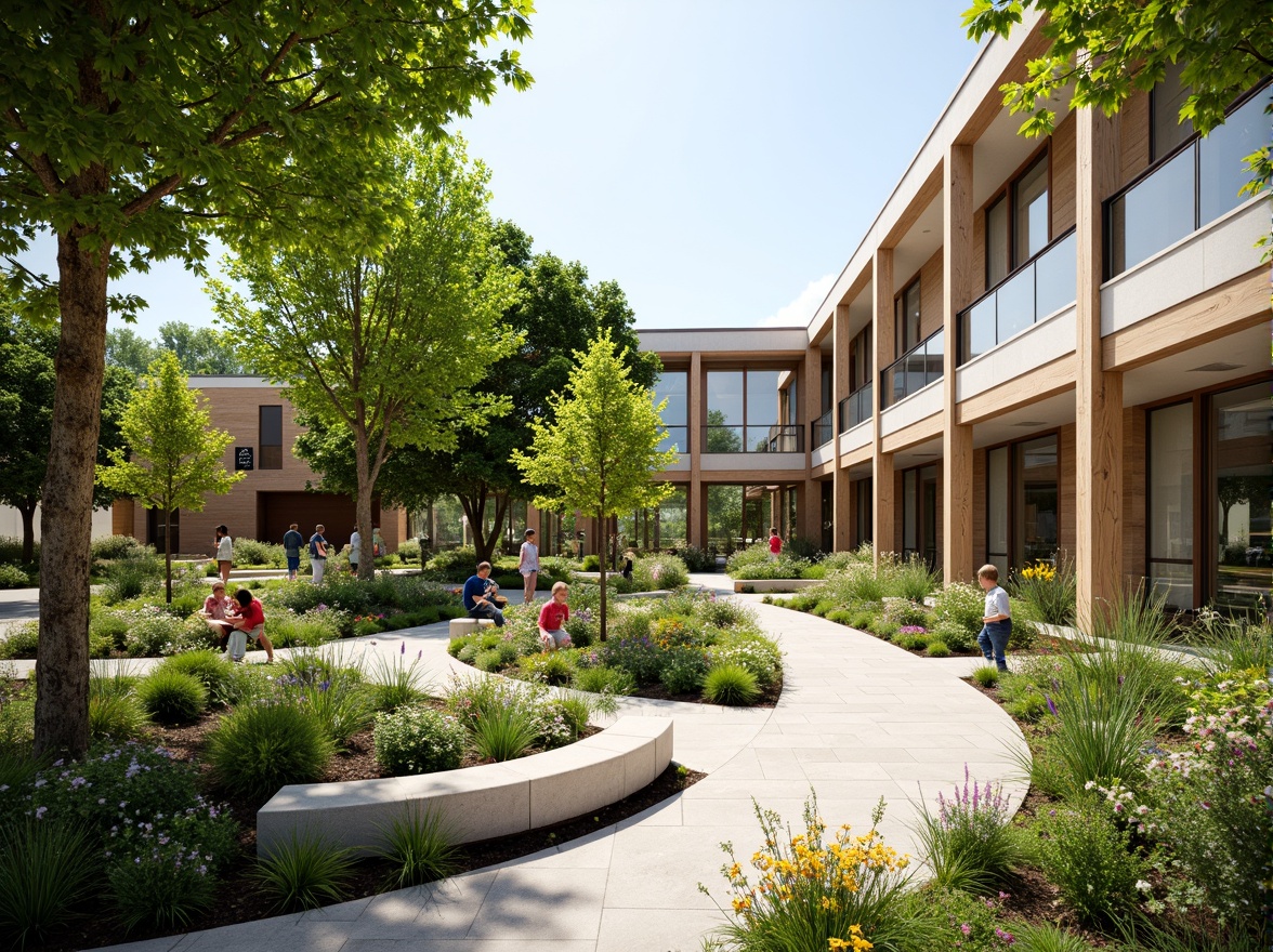 Prompt: Vibrant community center courtyard, lush greenery, blooming flowers, meandering walkways, natural stone seating areas, wooden benches, educational signage, modern architecture, large windows, glass doors, sunny day, soft warm lighting, shallow depth of field, 3/4 composition, panoramic view, realistic textures, ambient occlusion, community gardens, raised planters, outdoor classrooms, public art installations, interactive water features, children's play areas, accessible ramps, sustainable irrigation systems, eco-friendly materials, innovative stormwater management.