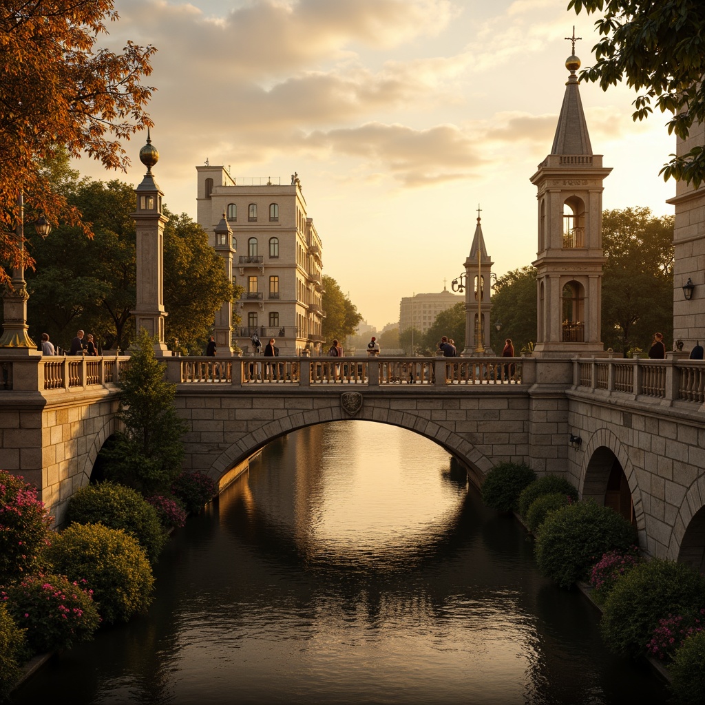 Prompt: Ornate bridge balustrades, grandiose arches, intricate stone carvings, ornamental lamp posts, majestic river views, dramatic sunset lighting, warm golden stone textures, elegant curved lines, lavish decorations, gilded accents, Rococo-inspired ornaments, flowing water patterns, lush greenery, vibrant flower arrangements, soft misty atmosphere, shallow depth of field, 1/2 composition, symmetrical framing, realistic reflections.