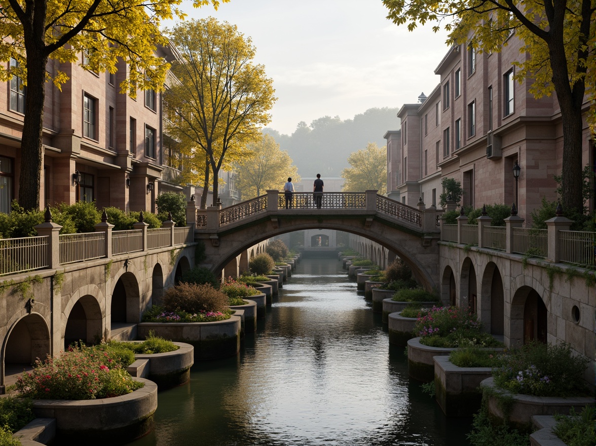 Prompt: Ancient stone bridges, ornate balustrades, rustic arches, weathered stonework, moss-covered piers, gentle water flow, serene riverbanks, lush greenery, vibrant flowers, historic cityscape, warm golden lighting, soft misty atmosphere, shallow depth of field, 3/4 composition, symmetrical architecture, classical ornamental details, intricate carvings, ornate lamp posts, rustic metal railings.