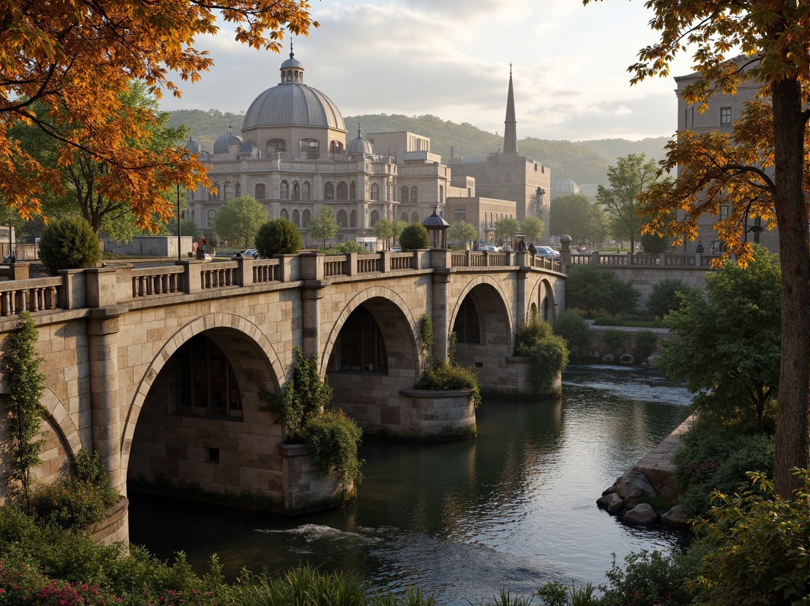 Prompt: Ancient stone bridges, ornate balustrades, rustic arches, weathered stonework, moss-covered piers, gentle water flow, serene riverbanks, lush greenery, vibrant flowers, historic cityscape, warm golden lighting, soft misty atmosphere, shallow depth of field, 3/4 composition, panoramic view, realistic textures, ambient occlusion.