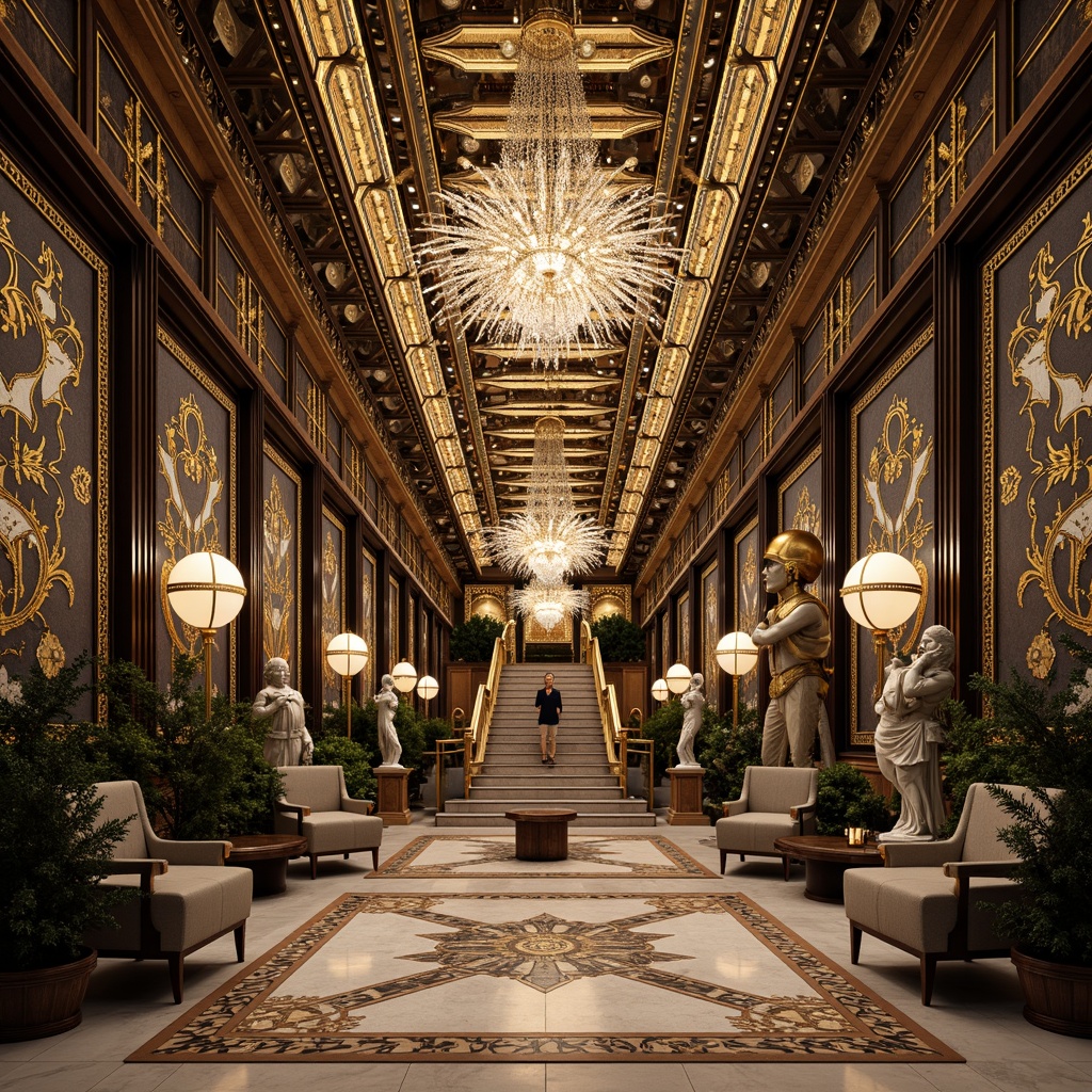 Prompt: Intricate geometric patterns, ornate metalwork, luxurious marble surfaces, grandiose statues, symmetrical compositions, opulent chandeliers, lavish mosaics, bold typography, stylized florals, zigzag motifs, chevron designs, metallic accents, glossy finishes, sunburst patterns, stepped silhouettes, monumental scale, dramatic lighting, low-angle view, cinematic composition, high-contrast colors, ornate fountains, grand staircases.