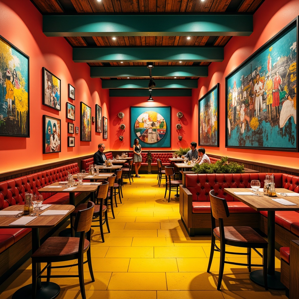 Prompt: Vibrant restaurant interior, expressionist art style, bold color palette, warm golden lighting, rich wood accents, eclectic furniture, abstract artwork, geometric patterns, bright coral walls, deep turquoise ceilings, sunny yellow floors, distressed metal decorations, reclaimed wood textures, industrial chic atmosphere, dramatic shadows, high contrast ratio, 1/2 composition, cinematic lighting, realistic reflections.