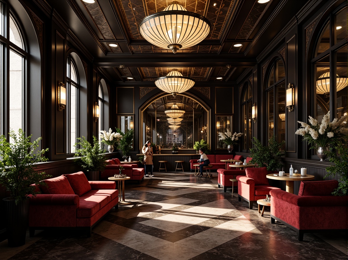 Prompt: Luxurious Art Deco interior, ornate metalwork, geometric patterns, glossy black surfaces, polished chrome accents, rich velvet fabrics, intricate marble inlays, opulent chandeliers, lavish furnishings, bold color schemes, metallic sheen, high-contrast lighting, dramatic shadows, 1/1 composition, low-angle shot, cinematic atmosphere, realistic reflections, detailed textures.