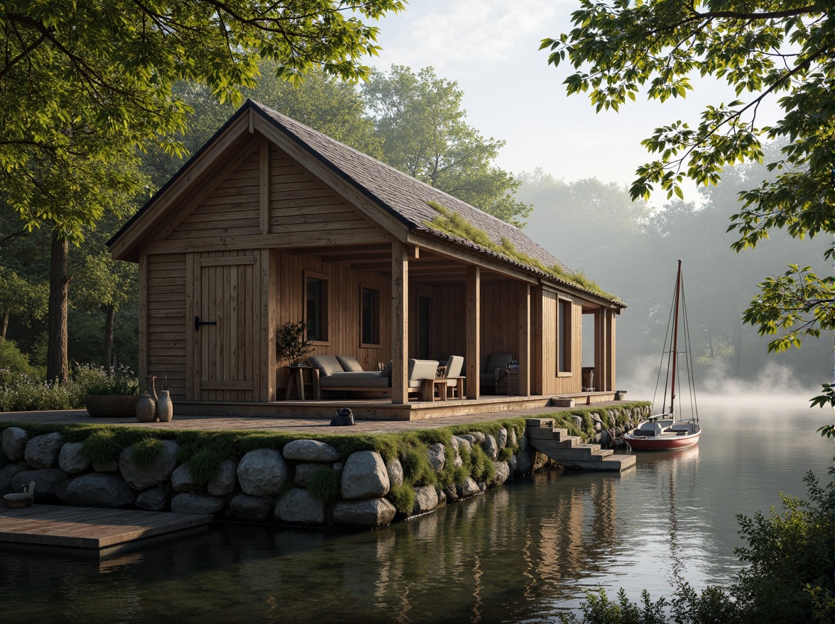 Prompt: Rustic wooden boathouse, weathered planks, distressed finishes, natural stone foundations, moss-covered roofs, serene lake surroundings, calm water reflections, lush greenery, overhanging trees, warm sunlight filtering, soft misty atmosphere, shallow depth of field, 1/2 composition, realistic textures, ambient occlusion, wooden dock, nautical ropes, sailboat moorings, aquatic life, subtle color palette, earthy tones, natural materials, cozy interior ambiance.