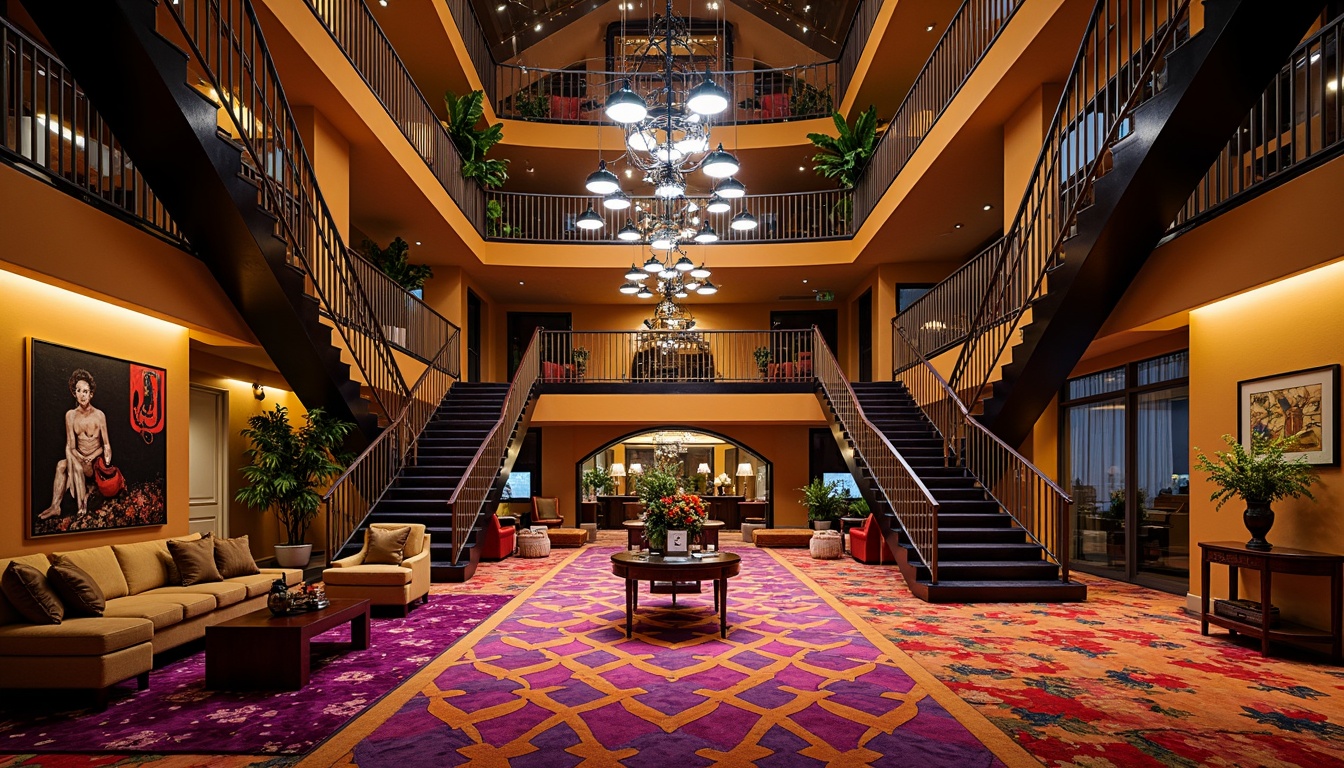 Prompt: Vibrant hotel lobby, bold geometric patterns, rich jewel-toned colors, luxurious velvet fabrics, ornate metal fixtures, grand chandeliers, sweeping staircases, dramatic archways, eclectic artwork, abstract sculptures, lavish furnishings, plush area rugs, warm golden lighting, cinematic shadows, 1/1 composition, low-angle shot, atmospheric misting, opulent materials, avant-garde decor.