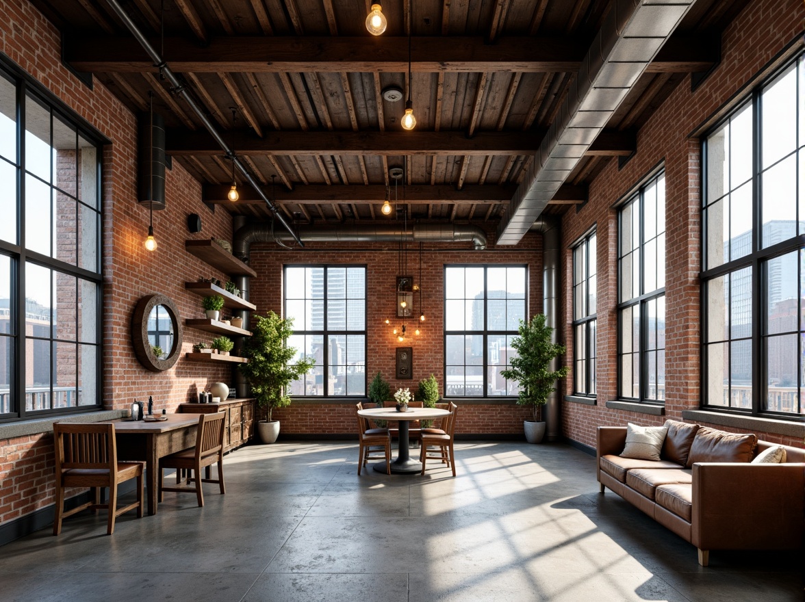 Prompt: Exposed brick walls, metal beams, reclaimed wood accents, industrial-style lighting fixtures, concrete floors, urban cityscape views, converted warehouse spaces, modern minimalist decor, functional pipes and ductwork, distressed textures, neutral color palette, high ceilings, open floor plans, eclectic vintage furniture, Edison bulb pendants, steel windows, brutalist architecture, dramatic shadows, low-key ambient lighting, 1/1 composition, realistic renderings.