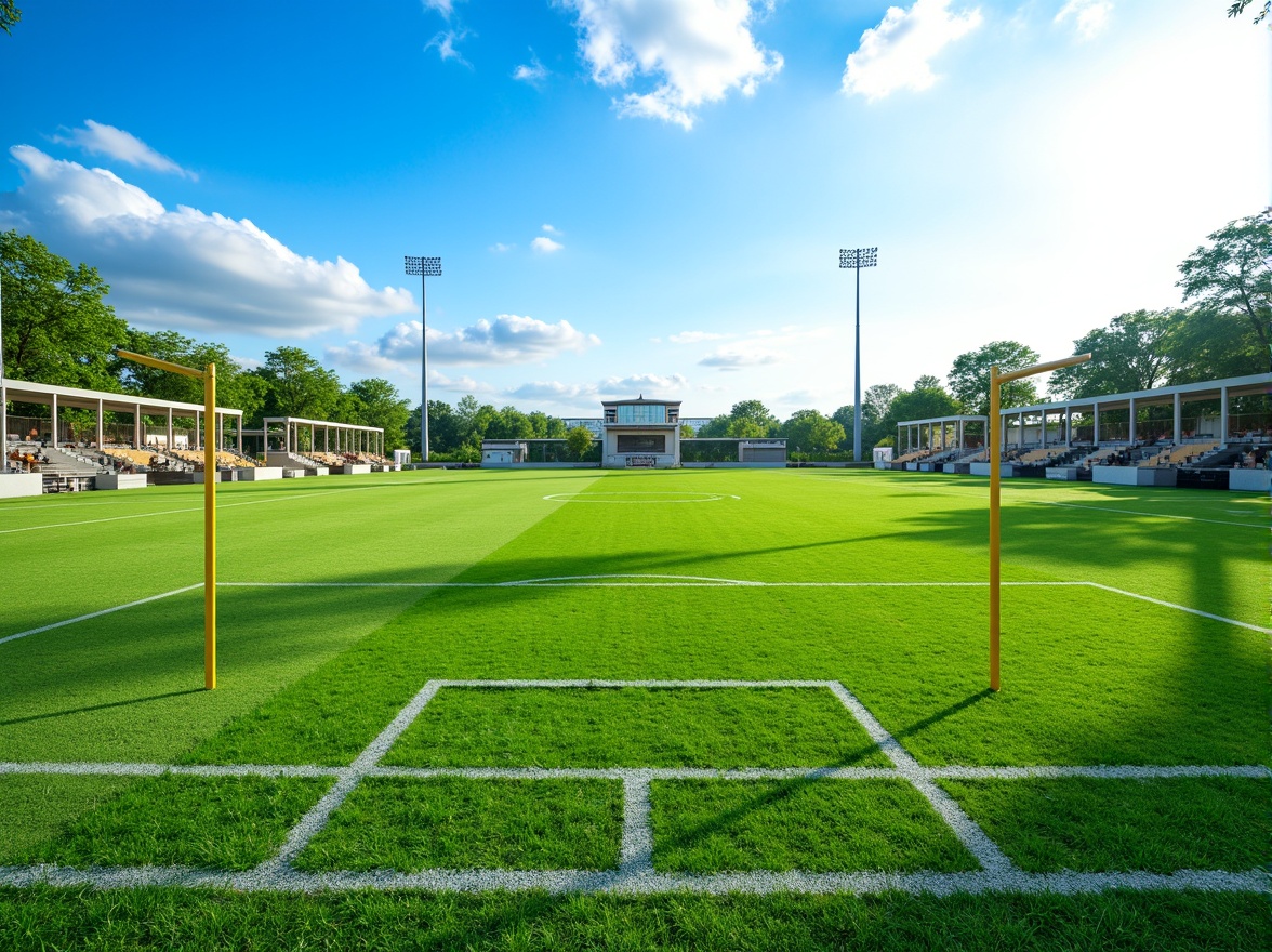 Prompt: Vibrant sports stadium, lush green grass, bold white lines, bright yellow goalposts, sturdy metal fences, natural earthy tones, sunny day, clear blue sky, dynamic shadows, 3/4 composition, panoramic view, realistic textures, ambient occlusion.