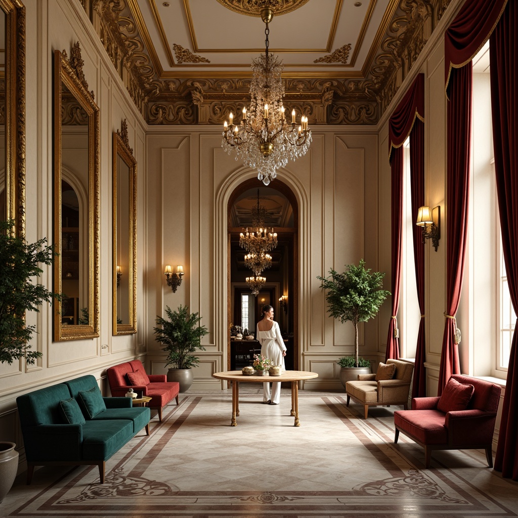 Prompt: Elegant interior spaces, classicism style, rich wood tones, ornate furnishings, luxurious fabrics, velvet drapes, golden accents, crystal chandeliers, marble floors, intricate moldings, soft warm lighting, subtle shadows, 1/1 composition, realistic textures, ambient occlusion, warm beige walls, creamy whites, deep blues, emerald greens, rich reds, gilded frames, ornate mirrors, lavish upholstery, sophisticated ambiance.