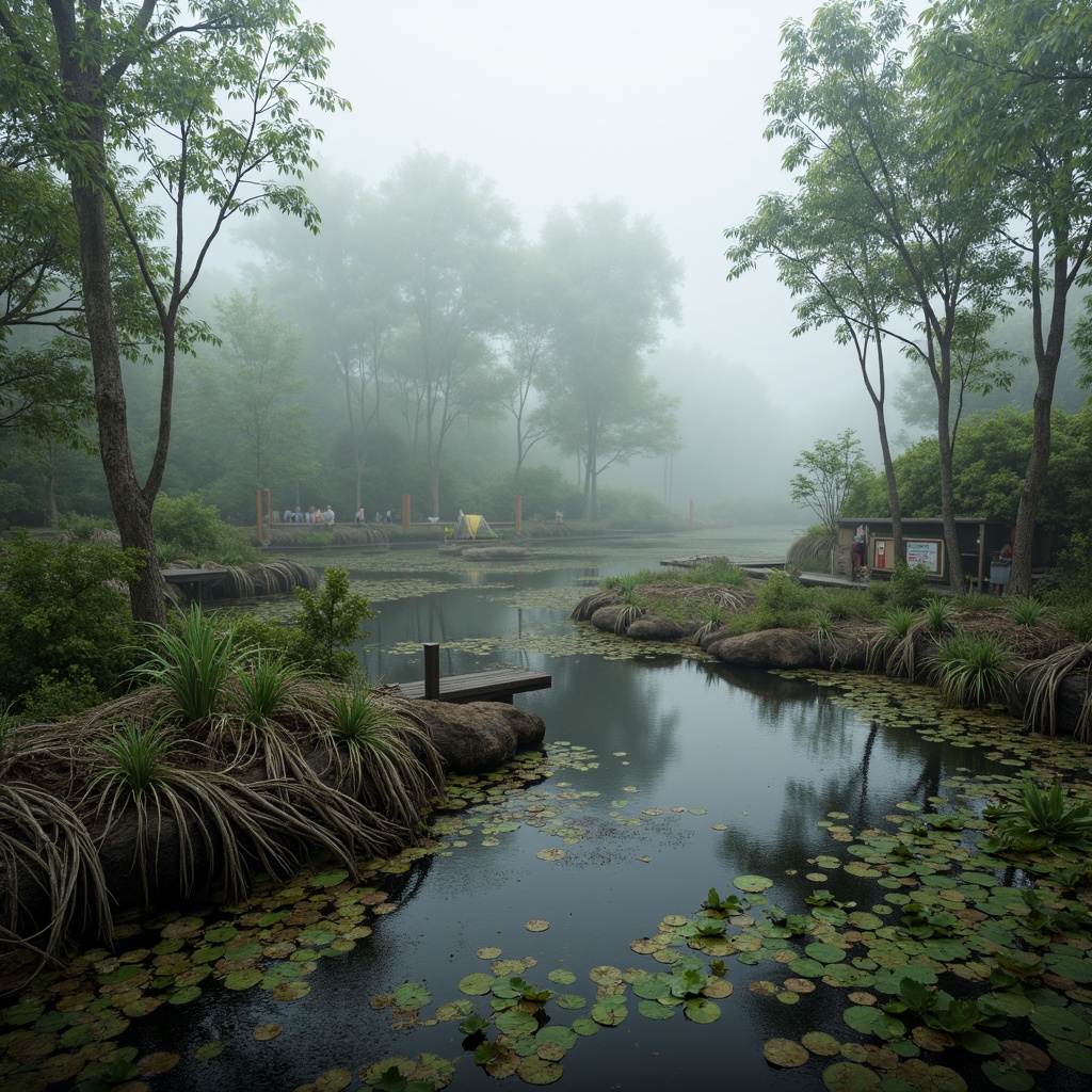 Prompt: Misty wetlands, lush vegetation, twisted mangrove roots, murky waters, wooden boardwalks, observation decks, native aquatic plants, water lilies, cattails, birdwatching stations, nature trails, rustic signage, weathered wood textures, soft diffused lighting, shallow depth of field, 1/1 composition, serene atmosphere, realistic water effects, ambient occlusion.