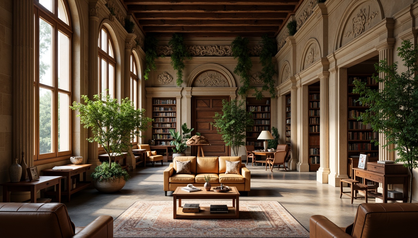 Prompt: Traditional university buildings, ivy-covered walls, ornate stone carvings, rich wood tones, warm beige stucco, classic columns, elegant archways, sophisticated neutral colors, earthy brown furniture, vintage leather-bound books, subtle golden accents, soft natural lighting, shallow depth of field, 1/1 composition, realistic textures, ambient occlusion.