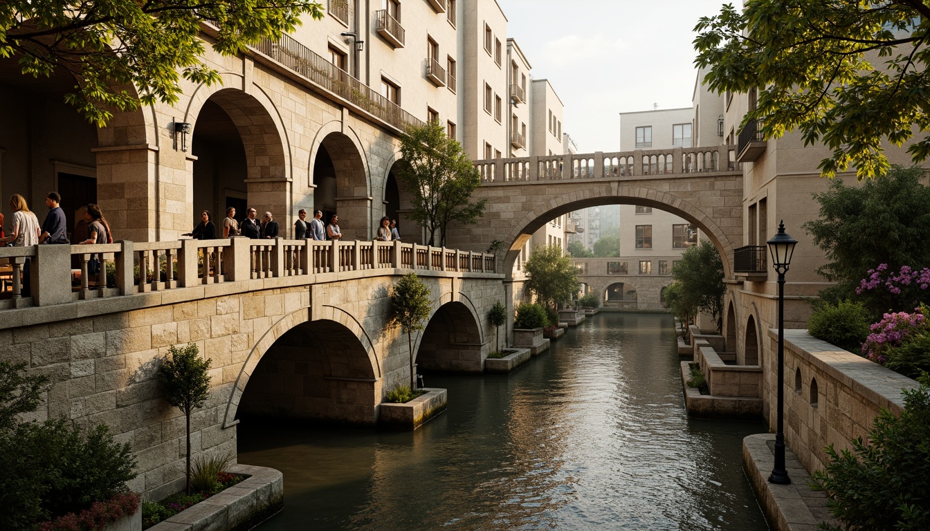 Prompt: Ancient stone bridges, ornate balustrades, rustic arches, weathered stonework, moss-covered piers, gentle water flow, serene riverbanks, lush greenery, vibrant flowers, historic cityscape, warm golden lighting, soft misty atmosphere, shallow depth of field, 3/4 composition, symmetrical architecture, classical ornamental details, intricate carvings, ornate lamp posts, rustic metal railings.