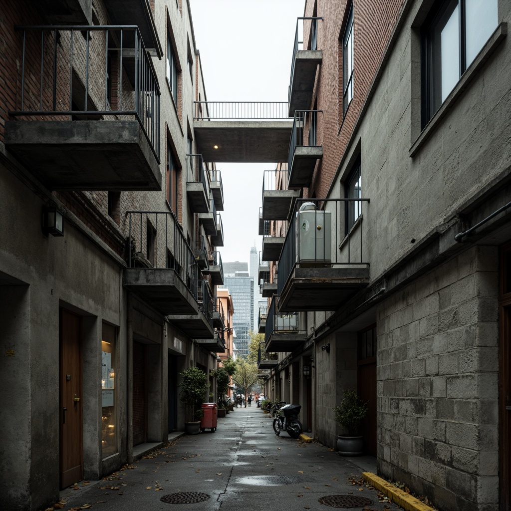 Prompt: Rough concrete walls, exposed ductwork, industrial metal beams, raw brick facades, brutalist fortress-like structures, rugged stone foundations, distressed wood accents, weathered steel surfaces, urban cityscape backdrop, overcast skies, dramatic shadows, high-contrast lighting, cinematic composition, gritty realistic textures, ambient occlusion.