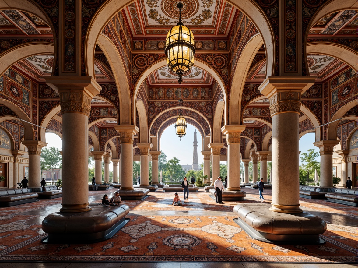 Prompt: Vibrant Islamic-inspired architecture, intricate geometric motifs, ornate tile work, symmetrical compositions, bold colorful accents, luxurious textiles, opulent furnishings, grandiose chandeliers, lavish decorations, majestic archways, sophisticated interior design, elegant curves, futuristic materials, metallic surfaces, ambient lighting, shallow depth of field, 3/4 composition, panoramic view, realistic textures, ambient occlusion.