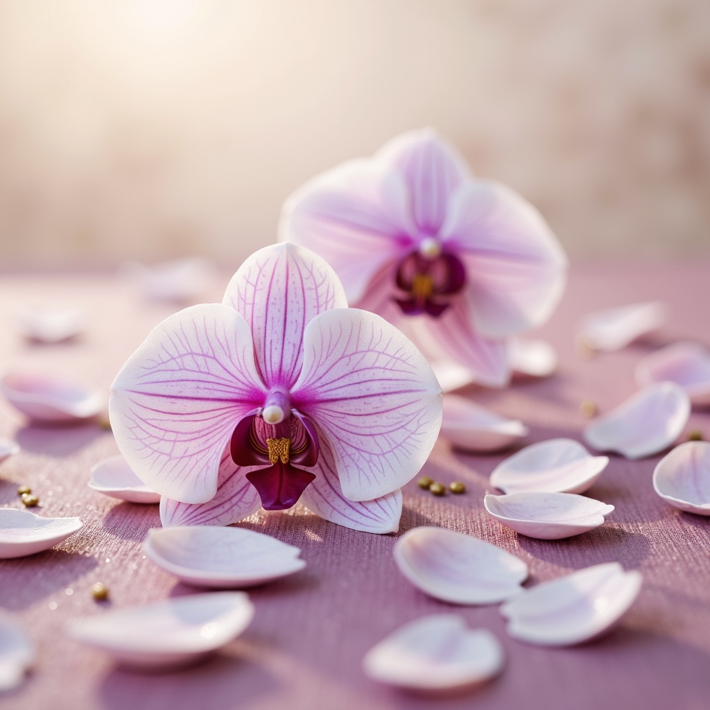 Prompt: Exquisite orchid-inspired color palette, soft pastel hues, delicate petals, subtle sheen, luxurious velvet textures, rich jewel tones, elegant gold accents, sophisticated modern design, refined minimalist aesthetic, creamy whites, blush pinks, lavender whispers, powder blues, mauve undertones, warm beige backgrounds, natural light, shallow depth of field, 1/1 composition, realistic renderings, ambient occlusion.