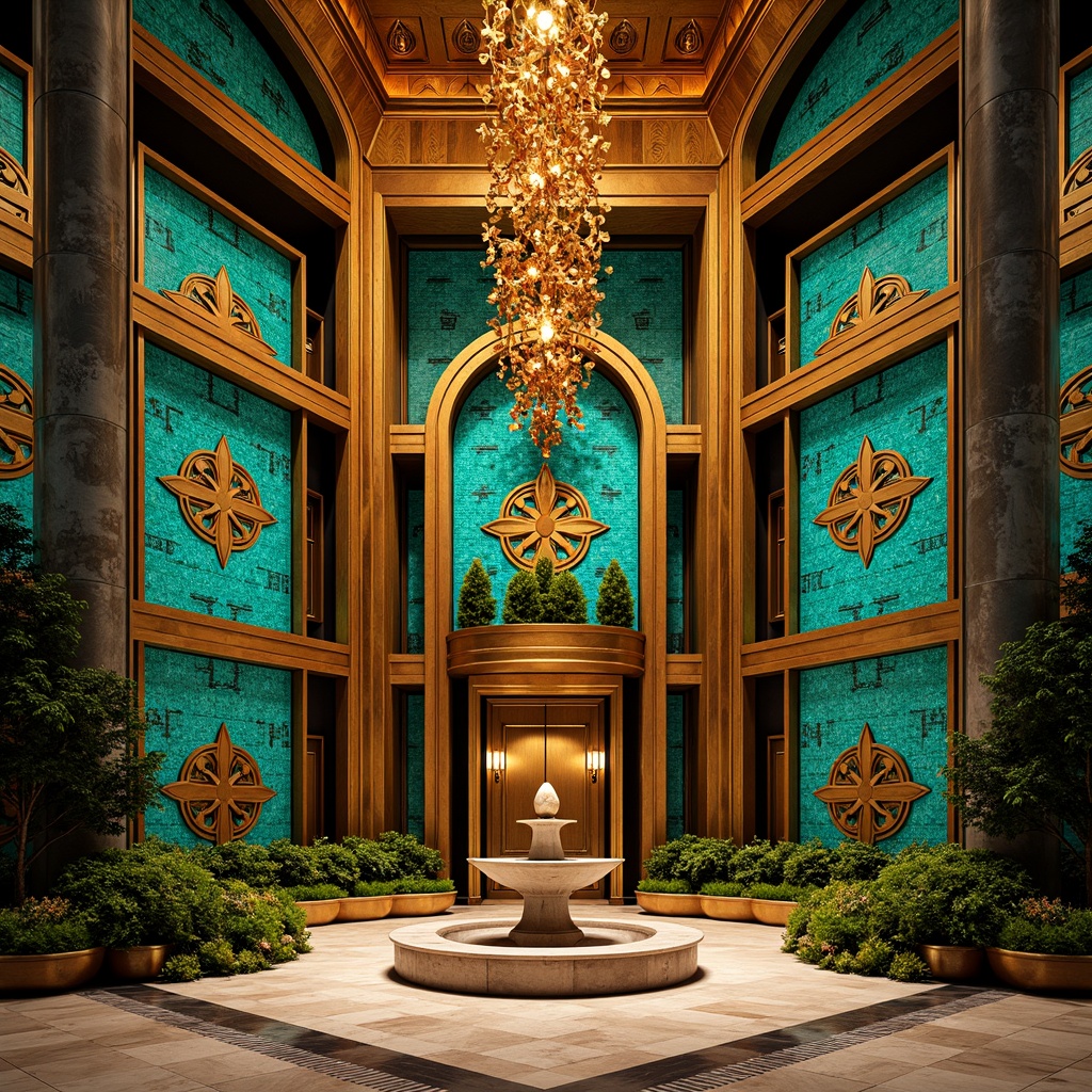 Prompt: Opulent Art Deco monument, lavish golden accents, rich bronze tones, vibrant turquoise mosaics, geometric patterns, ornate metalwork, luxurious marble surfaces, bold black outlines, stylized floral motifs, sunburst designs, zigzag patterns, metallic sheen, warm ambient lighting, shallow depth of field, 1/1 composition, symmetrical framing, high-contrast colors, intricate textures, realistic reflections.