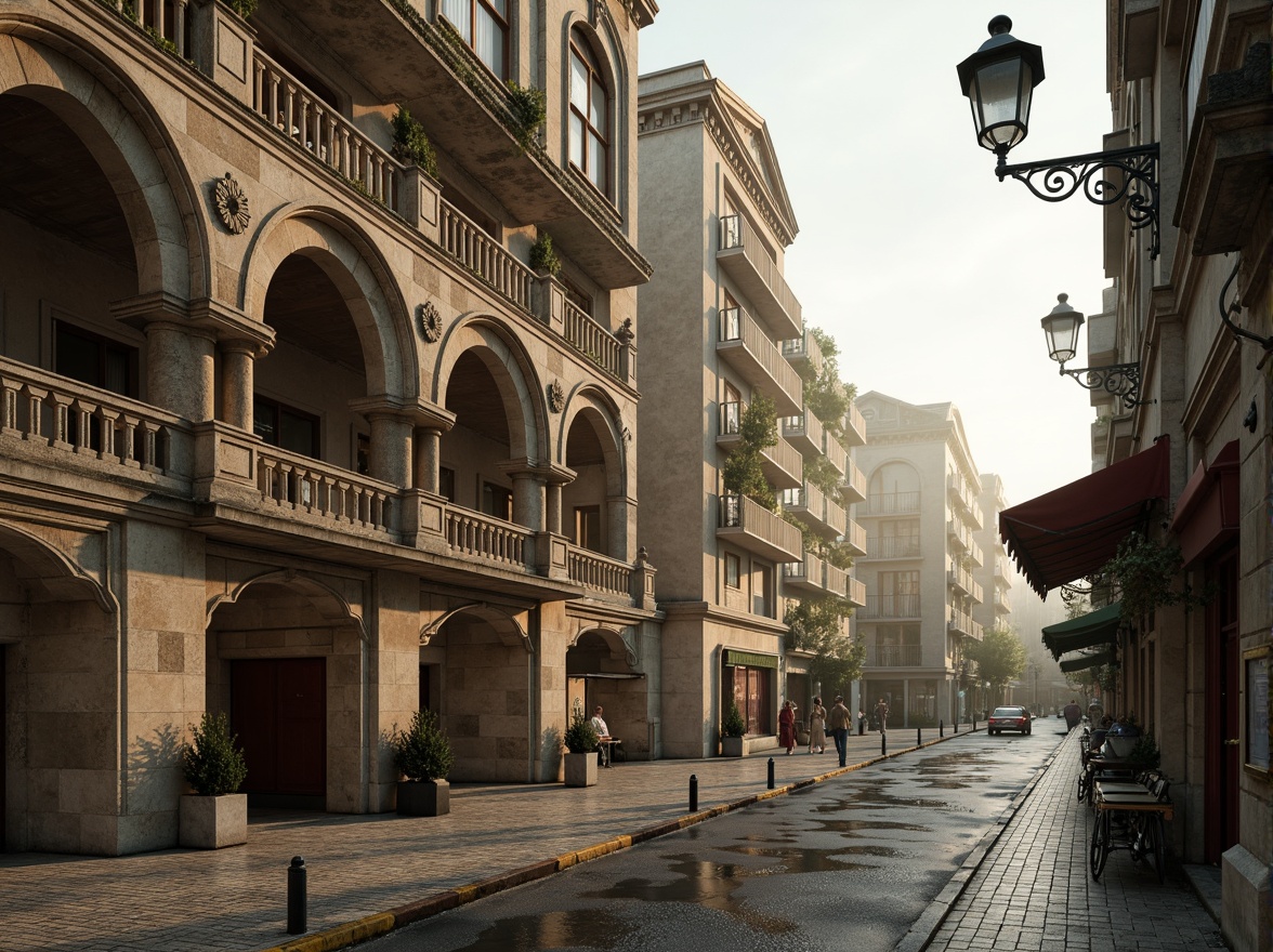 Prompt: Intricate stone carvings, ornate balustrades, grand arches, rustic stonework, weathered statues, mythological creatures, floral patterns, curved railings, decorative lamp posts, cobblestone roads, serene water reflections, soft warm lighting, misty morning atmosphere, 1/2 composition, symmetrical framing, realistic textures, ambient occlusion.