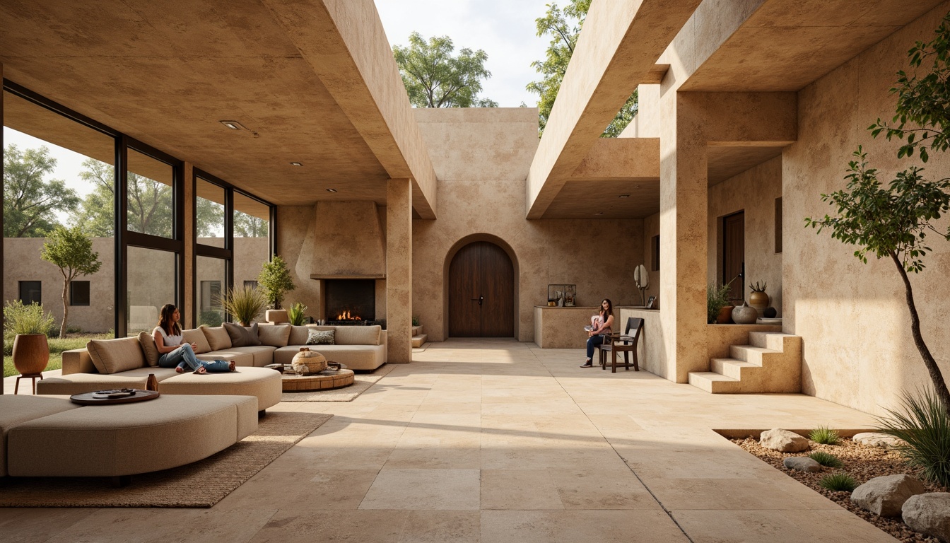 Prompt: Earthy rammed earth walls, natural textures, organic forms, sustainable architecture, eco-friendly materials, rustic charm, warm beige tones, rough-hewn surfaces, modern minimalist design, large windows, clerestory lighting, open floor plans, cozy nooks, nature-inspired color palette, soft diffused light, shallow depth of field, 1/1 composition, realistic renderings, ambient occlusion.