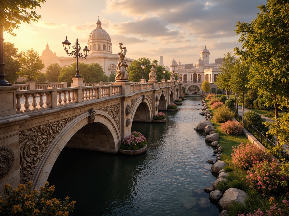 Prompt: Ornate bridge balustrades, grandiose arches, intricate stone carvings, ornamental lamp posts, majestic river views, dramatic sunset lighting, warm golden stone textures, elegant curved lines, lavish decorations, gilded accents, Rococo-inspired ornaments, flowing water patterns, lush greenery, vibrant flower arrangements, soft misty atmosphere, shallow depth of field, 1/2 composition, symmetrical framing, realistic reflections.