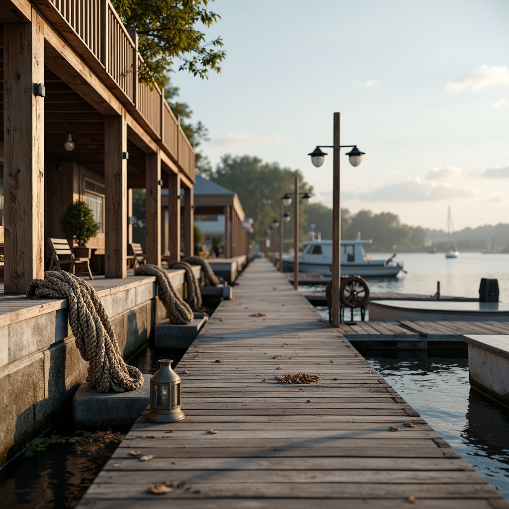 Prompt: Weathered wooden docks, rustic nautical ropes, vintage boat wheels, distressed metal lanterns, soft misty mornings, serene lake reflections, natural stone foundations, earthy brown wood accents, sky blue water hues, creamy white sailcloth textures, warm golden lighting, shallow depth of field, 1/1 composition, realistic wood grain details, ambient occlusion.