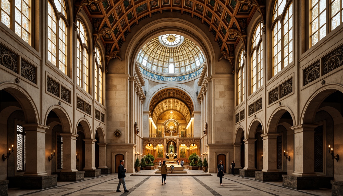 Prompt: Grand cathedral, symmetrical facade, ornate stone carvings, stained glass windows, vaulted ceilings, intricate mosaics, golden domes, classical columns, arches, pediments, grand entrance, marble floors, solemn atmosphere, soft warm lighting, shallow depth of field, 1/1 composition, central perspective, realistic textures, ambient occlusion.