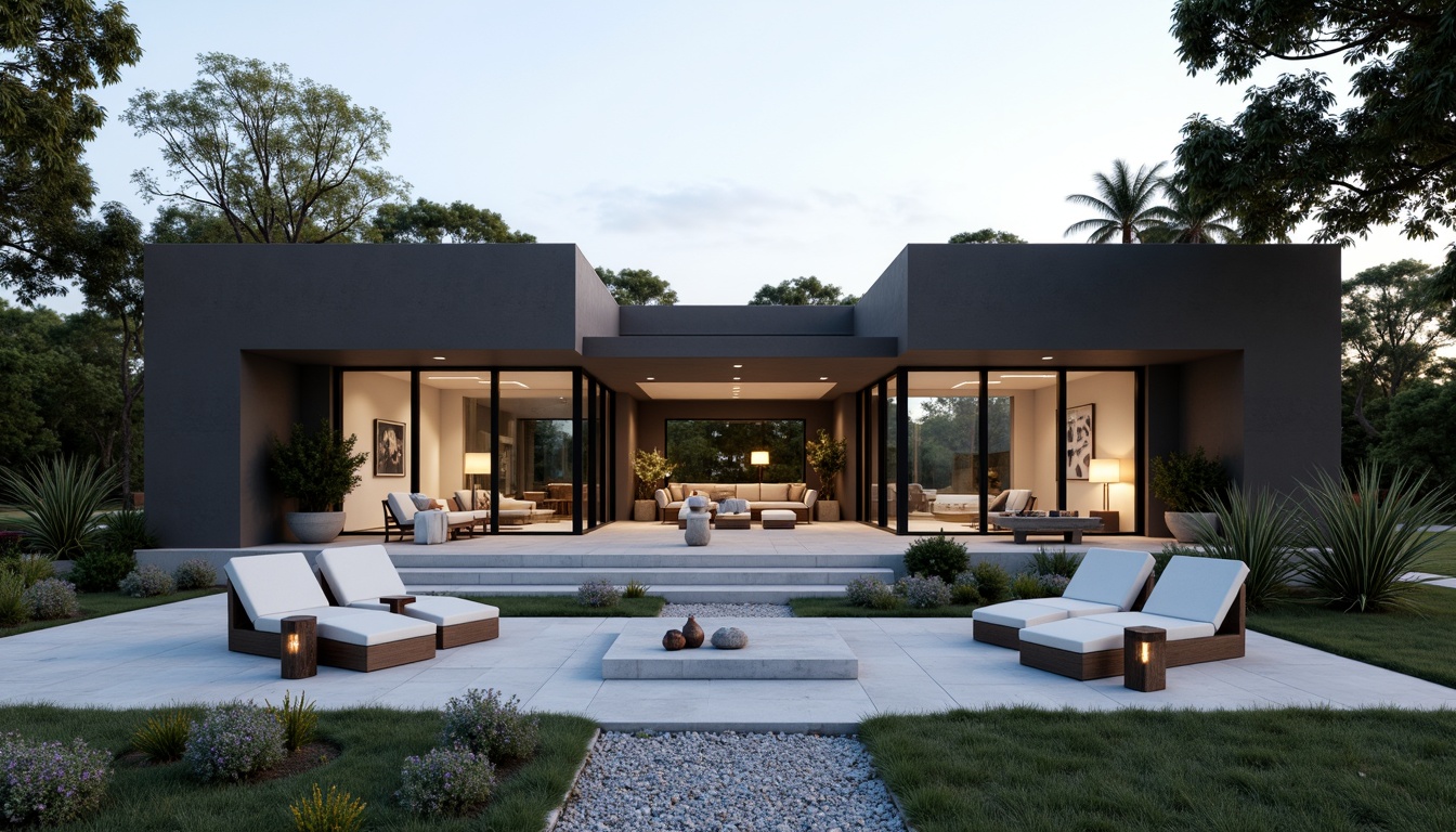 Prompt: Minimalist villa, clean lines, rectangular forms, monochromatic color scheme, industrial materials, steel frames, large windows, sliding glass doors, sparse greenery, succulent plants, gravel pathways, modern outdoor furniture, geometric sculptures, abstract art pieces, functional lighting, warm ambient glow, shallow depth of field, 1/1 composition, symmetrical framing, high-contrast textures, subtle shading.