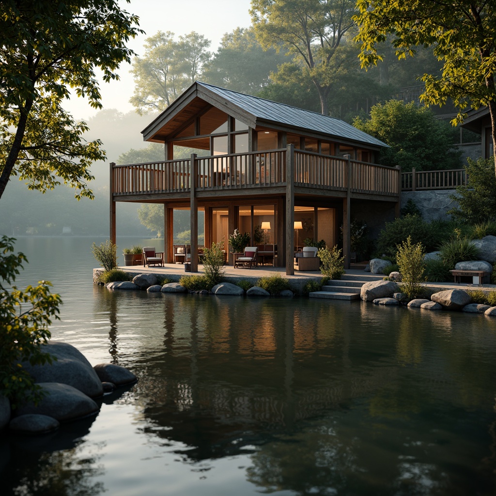 Prompt: Rustic boathouse, wooden dock, serene lakefront, lush greenery, overhanging trees, natural stone walls, weathered wood accents, nautical ropes, lantern-style lighting, warm golden tones, soft misty atmosphere, shallow depth of field, 1/1 composition, symmetrical framing, realistic water reflections, ambient occlusion.