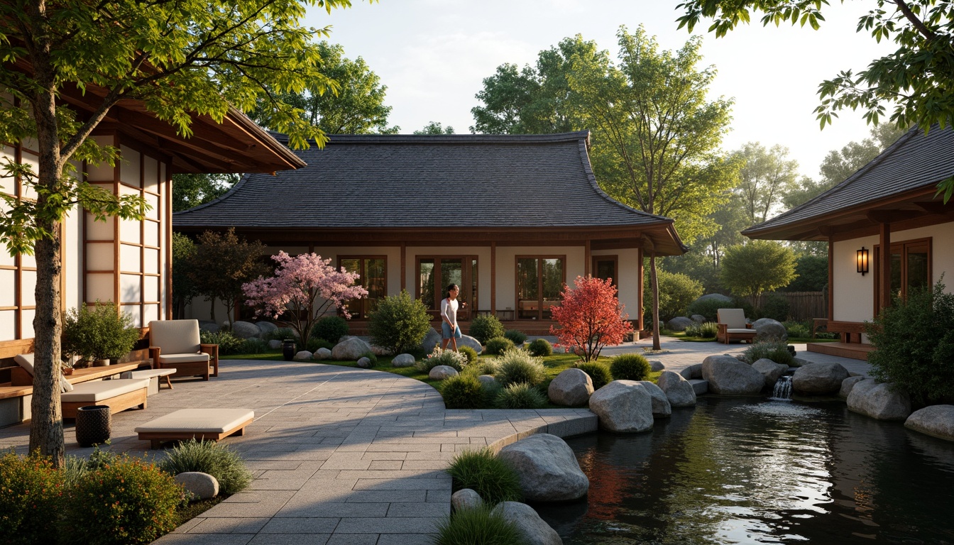 Prompt: Traditional Japanese architecture, curved tiled roofs, sliding shoji screens, natural wood accents, paper lanterns, bonsai trees, serene water features, koi ponds, stone walkways, rustic wooden bridges, vibrant greenery, cherry blossom trees, warm soft lighting, shallow depth of field, 3/4 composition, panoramic view, realistic textures, ambient occlusion.