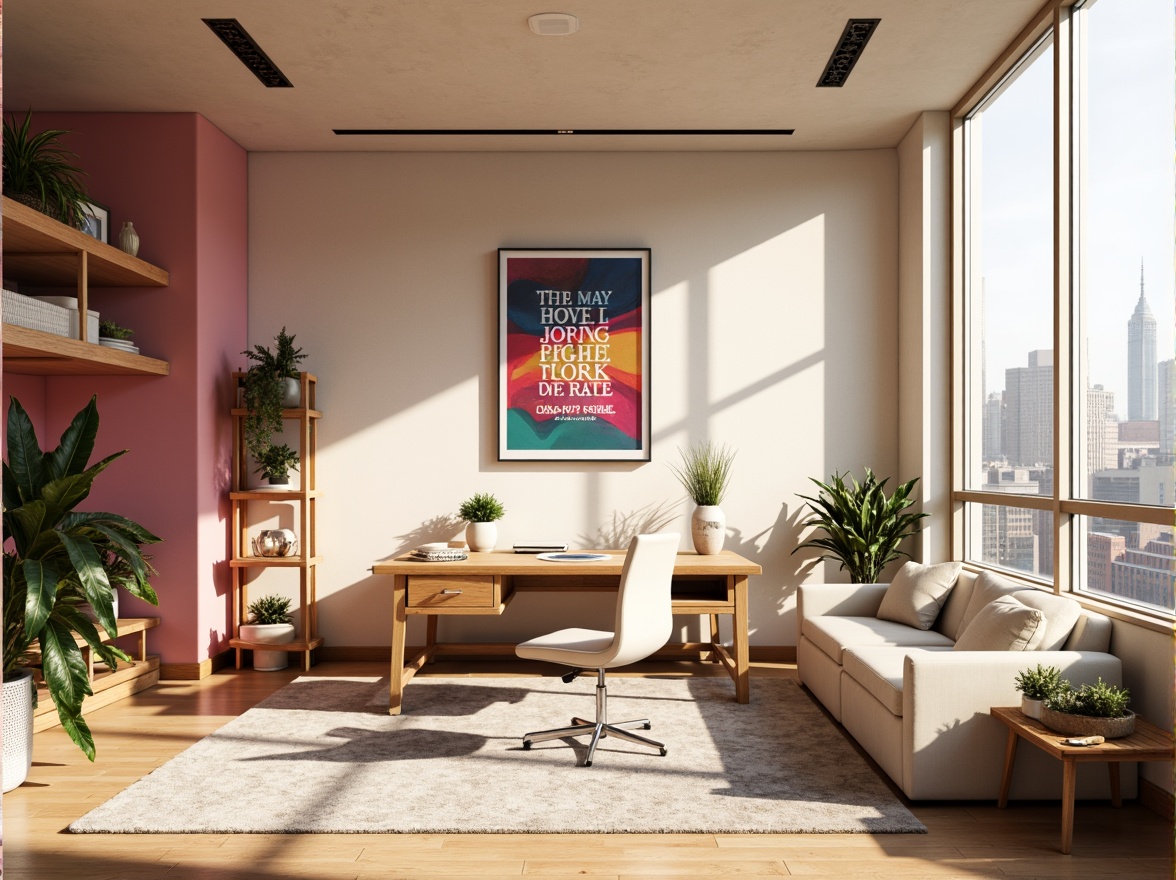 Prompt: Vibrant design studio, modern minimalist interior, sleek wooden desk, ergonomic chair, colorful artwork, inspirational quotes, natural light pouring in, large windows, urban cityscape view, warm beige walls, rich brown furniture, pastel pink accents, creamy white textures, bold typography, geometric patterns, subtle gradient effects, soft focus, shallow depth of field, 1/1 composition, realistic rendering, ambient occlusion.