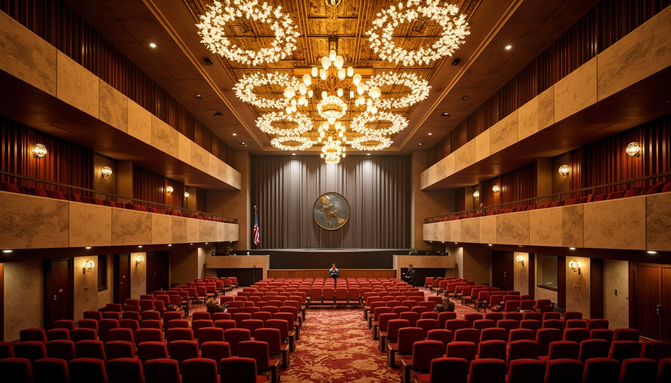 Prompt: Grand auditorium, ornate chandeliers, plush red seats, curved balconies, acoustic panels, soundproofing materials, reinforced concrete structures, steel beams, robust foundations, earthquake-resistant design, natural ventilation systems, energy-efficient lighting, dramatic spotlights, 3-point perspective composition, warm golden lighting, shallow depth of field, realistic textures, ambient occlusion.