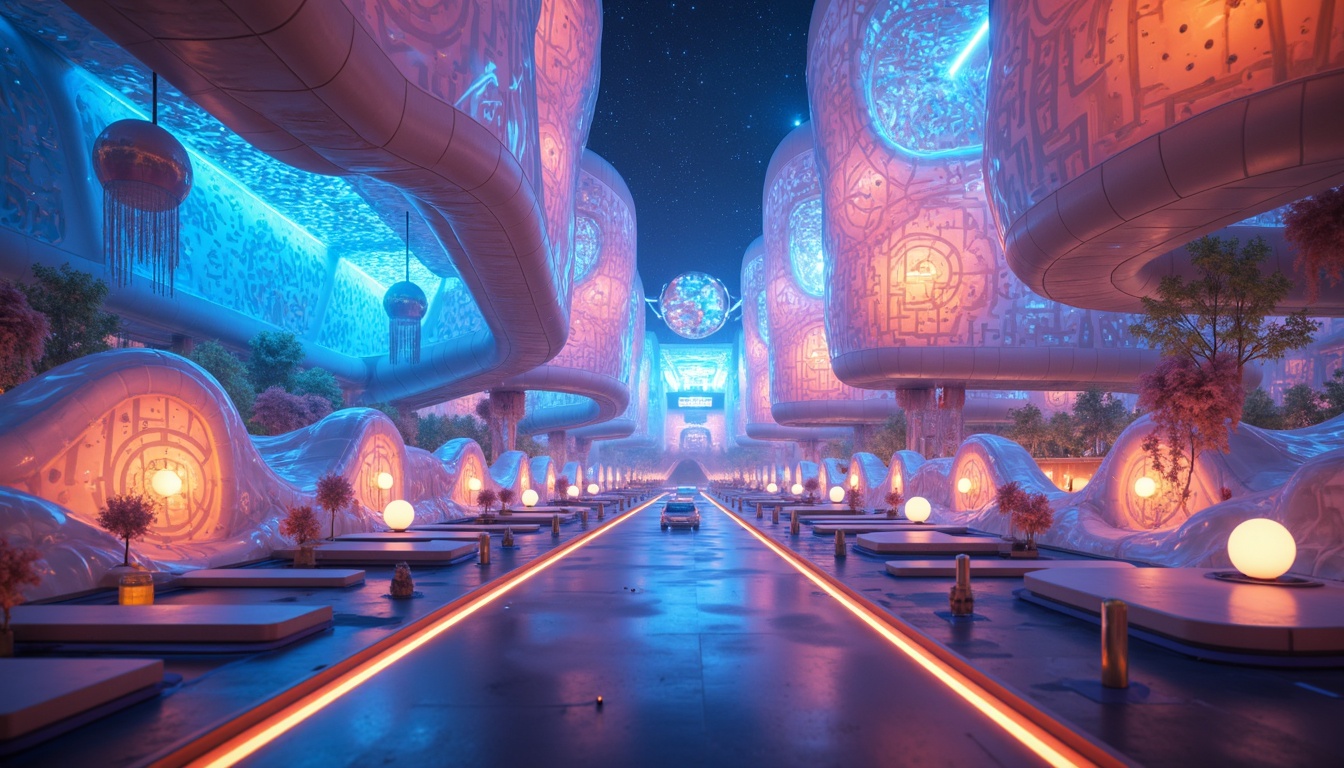 Prompt: Vibrant iridescent hues, neon-lit accents, glowing luminescent orbs, futuristic blob-like structures, undulating curves, amoeba-inspired shapes, translucent glass facades, shimmering metallic surfaces, holographic patterns, electric blue highlights, radiant orange glows, soft pastel gradients, dreamy ethereal ambiance, surreal atmospheric lighting, 3/4 composition, wide-angle lens, shallow depth of field, cinematic rendering.