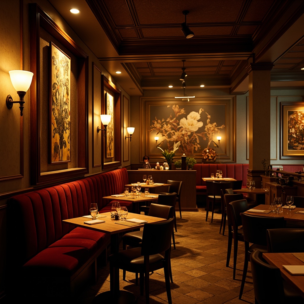 Prompt: Moody restaurant interior, warm golden lighting, soft shadows, dramatic spotlights, rich wood tones, luxurious velvet fabrics, ornate metal fixtures, eclectic art pieces, vintage decorative items, distressed textures, warm color palette, intimate ambiance, low-key illumination, cinematic atmosphere, 1/2 composition, shallow depth of field, realistic reflections, ambient occlusion.