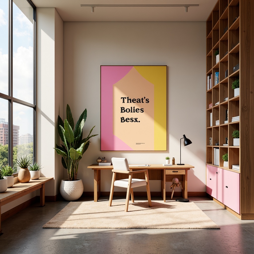 Prompt: Vibrant design studio, modern minimalist interior, sleek wooden desk, ergonomic chair, colorful artwork, inspirational quotes, natural light pouring in, large windows, urban cityscape view, warm beige walls, rich brown furniture, pastel pink accents, creamy white textures, bold typography, geometric patterns, subtle gradient effects, soft focus, shallow depth of field, 1/1 composition, realistic rendering, ambient occlusion.