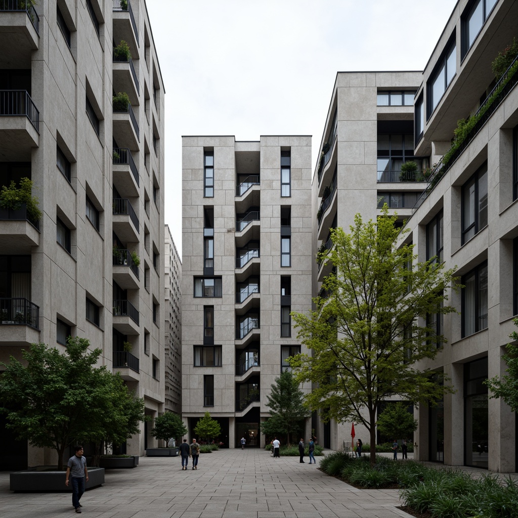 Prompt: Rugged concrete buildings, fortress-like structures, brutalist architecture, raw unfinished surfaces, exposed ductwork, industrial-style lighting, steel beams, reinforced columns, geometric shapes, angular lines, monumental staircases, cantilevered roofs, dramatic shadows, high-contrast textures, bold color schemes, urban campus setting, dense foliage, mature trees, paved walkways, modern sculptures, abstract art installations, overcast skies, diffused natural light, 1/2 composition, symmetrical framing.