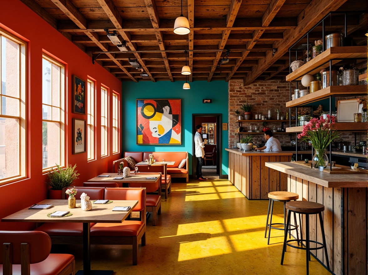 Prompt: Vibrant restaurant interior, expressionist art style, bold color palette, warm golden lighting, rich wood accents, eclectic furniture, abstract artwork, geometric patterns, bright coral walls, deep turquoise ceilings, sunny yellow floors, distressed metal decorations, reclaimed wood textures, industrial chic atmosphere, dramatic shadows, high contrast ratio, 1/2 composition, cinematic lighting, realistic reflections.