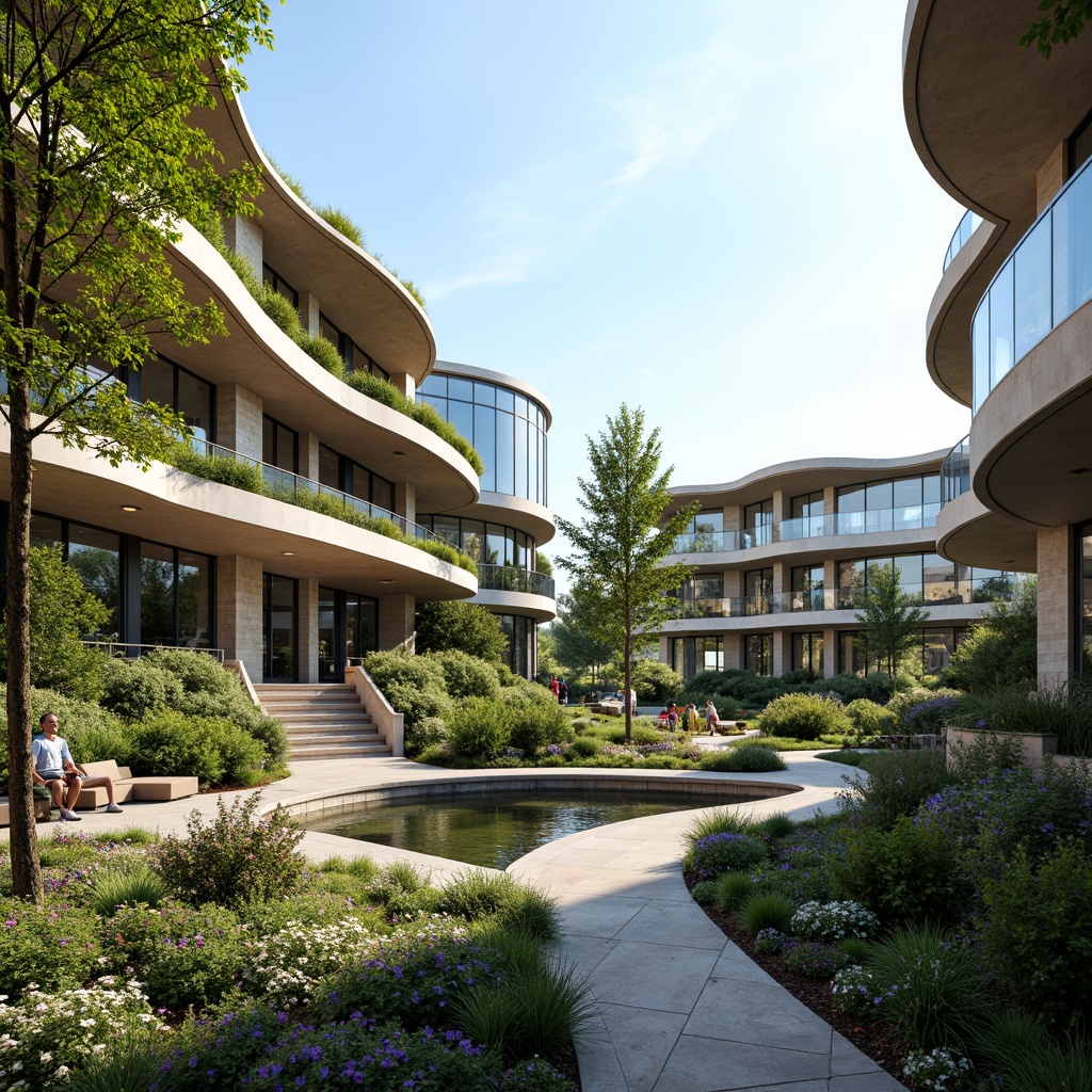 Prompt: Curved building silhouette, harmonious landscape integration, lush green roofs, natural stone walls, reflective glass fa\u00e7ades, minimalist design, sleek metal accents, cantilevered structures, serene water features, meandering walkways, vibrant flowerbeds, native plant species, sunny day, soft warm lighting, shallow depth of field, 3/4 composition, panoramic view, realistic textures, ambient occlusion.