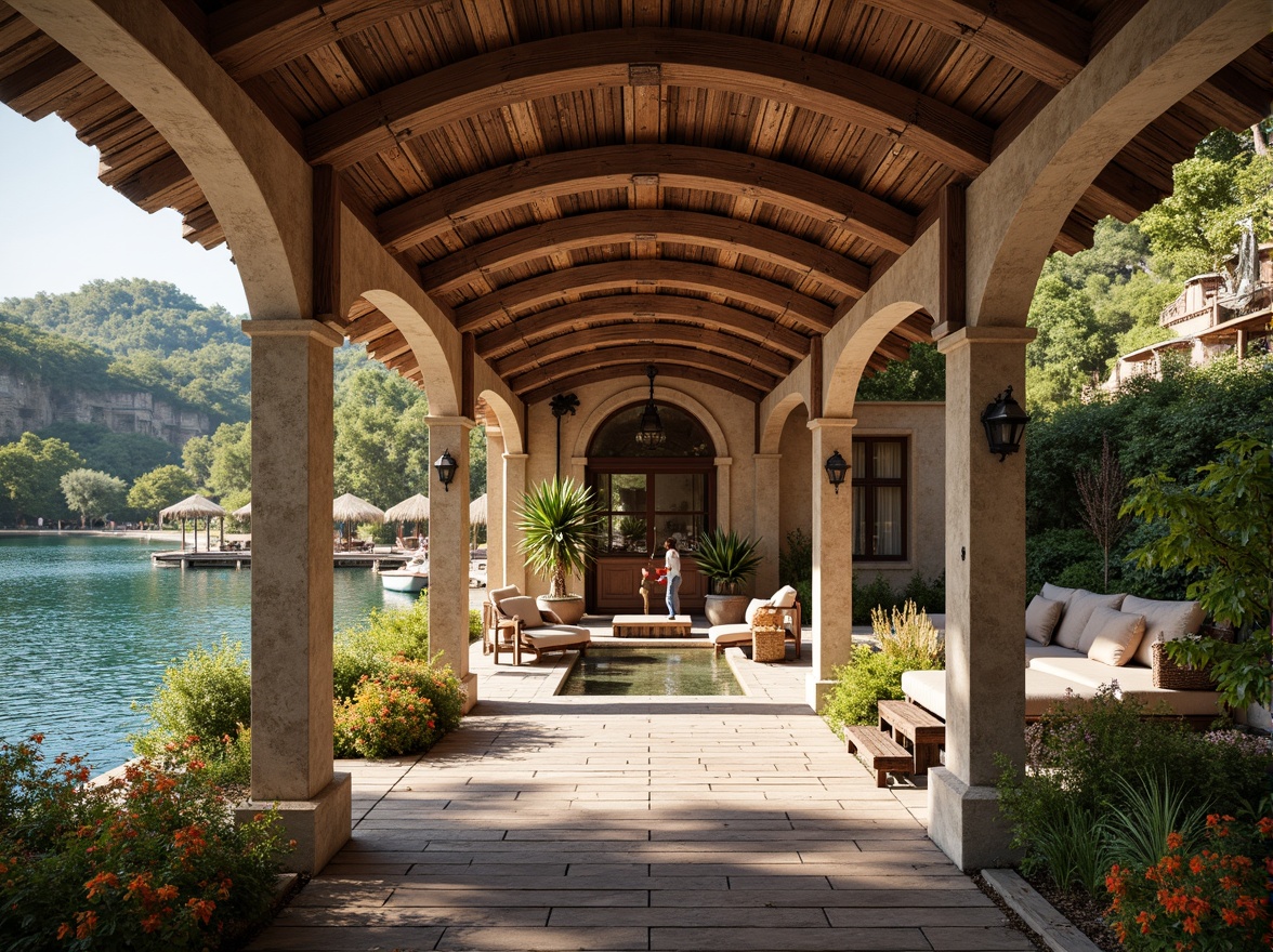 Prompt: Rustic boathouse, Romanesque arches, curved wooden beams, terracotta roof tiles, earthy color palette, natural stone walls, wooden dock, serene lake surroundings, lush greenery, vibrant flowers, sunny day, soft warm lighting, shallow depth of field, 3/4 composition, panoramic view, realistic textures, ambient occlusion, ornate metal decorations, intricate stonework, grand entrance, cozy interior spaces, nautical-themed decor.