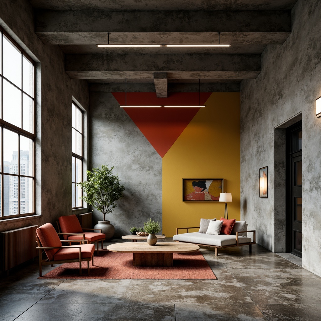 Prompt: Exposed concrete walls, industrial metal beams, rough stone floors, distressed wood accents, urban cityscape views, modern minimalist furniture, bold color blocking, deep charcoal grey, rich earthy brown, vibrant pops of orange, yellow, and red, raw unfinished textures, dramatic high ceilings, functional industrial lighting, moody atmospheric shadows, cinematic wide-angle shots, 1/1 composition, low-key lighting, gritty realistic renderings.