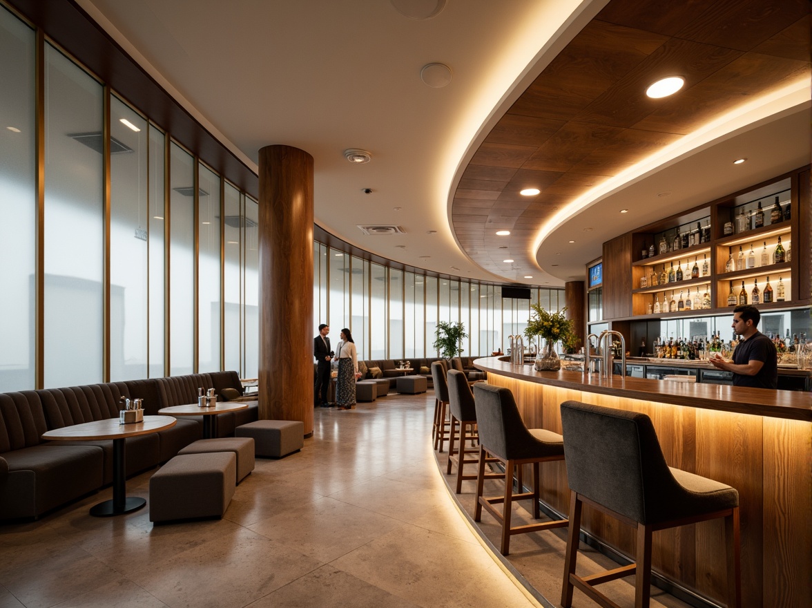 Prompt: Sleek bar interior, polished chrome accents, rich walnut wood, luxurious velvet upholstery, metallic silver lighting fixtures, frosted glass partitions, minimalist decor, modern streamline architecture, curved lines, geometric shapes, high-gloss finishes, ambient LED lighting, warm beige tones, sophisticated atmosphere, 1/1 composition, shallow depth of field, soft focus blur.