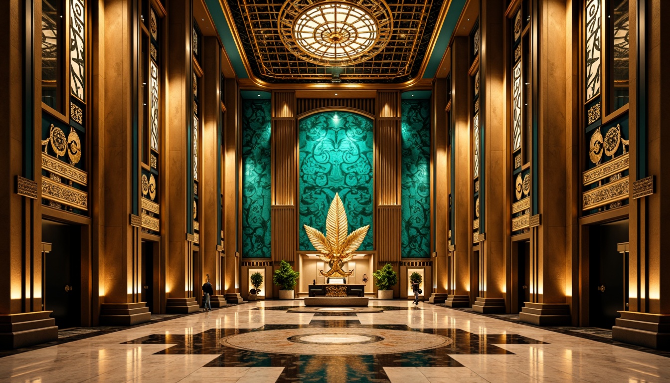 Prompt: Opulent Art Deco monument, lavish golden accents, rich bronze tones, vibrant turquoise mosaics, geometric patterns, ornate metalwork, luxurious marble surfaces, bold black outlines, stylized floral motifs, sunburst designs, zigzag patterns, metallic sheen, warm ambient lighting, shallow depth of field, 1/1 composition, symmetrical framing, high-contrast colors, intricate textures, realistic reflections.