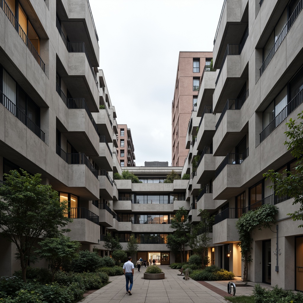 Prompt: Rugged concrete buildings, fortress-like structures, brutalist architecture, raw unfinished surfaces, exposed ductwork, industrial-style lighting, steel beams, reinforced columns, geometric shapes, angular lines, monumental staircases, cantilevered roofs, dramatic shadows, high-contrast textures, bold color schemes, urban campus setting, dense foliage, mature trees, paved walkways, modern sculptures, abstract art installations, overcast skies, diffused natural light, 1/2 composition, symmetrical framing.