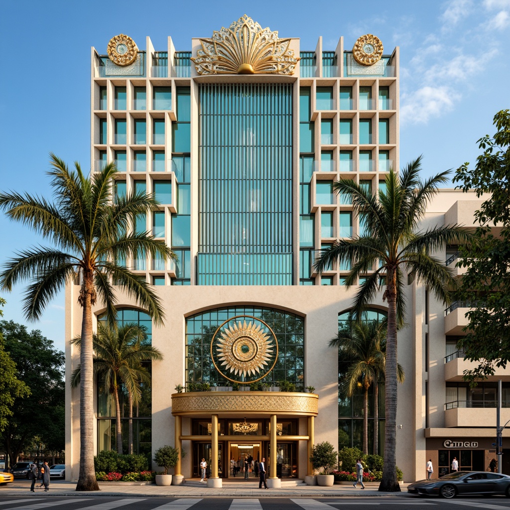 Prompt: Luxurious Art Deco building, ornate metalwork, geometric patterns, vibrant turquoise accents, lush greenery, tropical palm trees, curved lines, symmetrical composition, grand entrance, marble floors, intricate mosaics, lavish furnishings, opulent chandeliers, warm golden lighting, shallow depth of field, 1/1 composition, panoramic view, realistic textures, ambient occlusion, sunny day, clear blue sky, urban cityscape, bustling streets, vintage cars, retro-inspired signage.